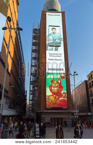 Madrid, Spain - January 22, 2018: Sunset View Of Walking People At Callao Square (plaza Del Callao) 
