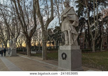 Madrid, Spain - January 22, 2018: Sunset View Of Gardens Of Cape Noval And Royal Palace In City Of M