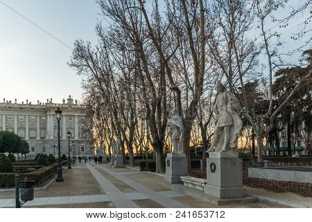 Madrid, Spain - January 22, 2018: Sunset View Of Gardens Of Cape Noval And Royal Palace In City Of M