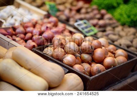 Fresh Bio Onion On Farmer Market In Strasbourg, France. Typical European Local Farmer Market
