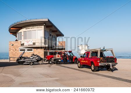 Encinitas, California - April 14, 2018:  Emergency Rescue Vehicles Parked At The Marine Safety Cente