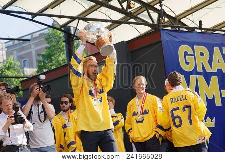 Stockholm, Sweden - May 21, 2018: Swedish Ice Hockey Players Winning The World Championship Lifting 
