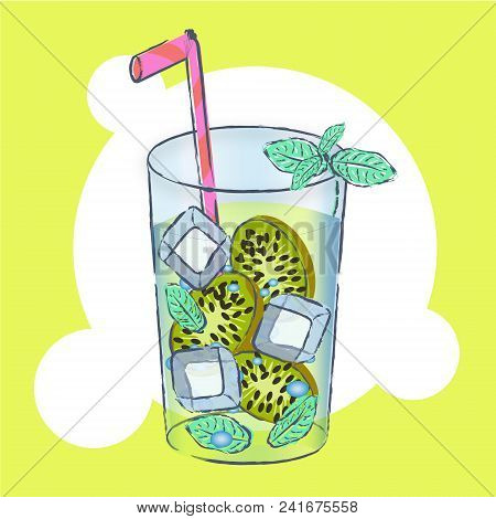 Huge Glass With Exotic Cocktail And Summer Greeting On The Tropical Beach - Vector Illustration