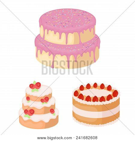 Cake And Dessert Cartoon Icons In Set Collection For Design. Holiday Cake Vector Symbol Stock  Illus