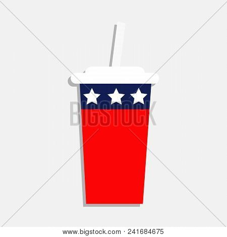 Soda Drink Glass With Straw Icon. Cinema Icon In Flat Design Style. American Flag Stars And Strips. 