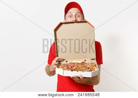 Delivery Smiling Man In Red Uniform Isolated On White Background. Male Pizzaman In Cap, T-shirt Work