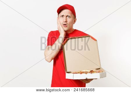 Delivery Shocked Man In Red Uniform Isolated On White Background. Male Pizzaman In Cap, T-shirt Work