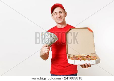 Delivery Man In Red Uniform Isolated On White Background. Male In Cap, T-shirt Working As Courier Ho