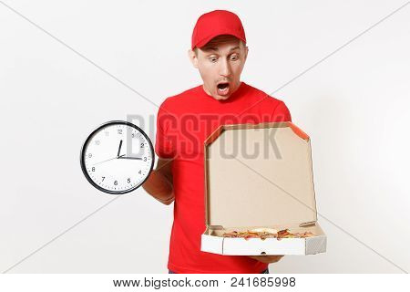 Delivery Man In Red Uniform Isolated On White Background. Male In Cap, T-shirt Working As Courier Ho