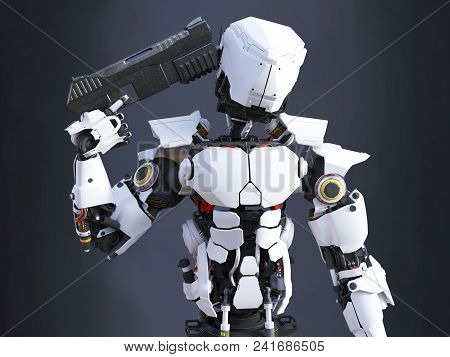 3d Rendering Of A Futuristic Robot Police Or Soldier Holding A Gun To His Head, Ready To Self-destru