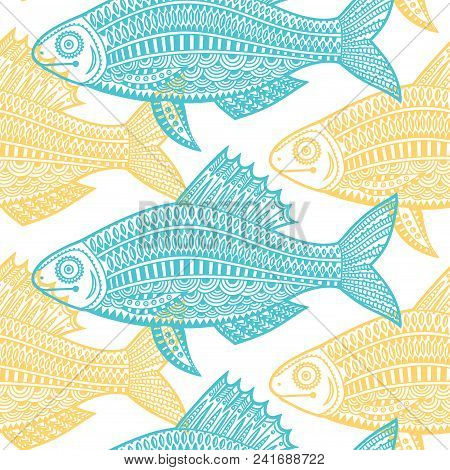 Decorative Fish. Hand Drawn Vector Illustration. Seamless Pattern.