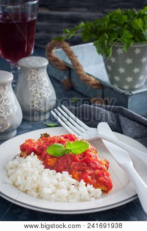 Flounder With Tomato Sauce And Boiled Rice, Selective Focus
