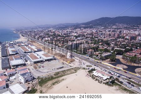 City Of Premia De Mar, Near Of Barcelona. Maresme Coast. Aerial Shot.