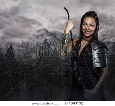 Portrait Of Elf Woman With Bowl Over Wildness Nature Background.