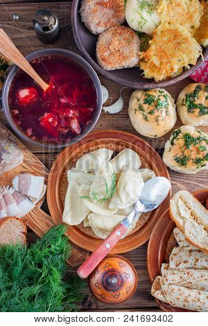 Traditional Food In The Ukrainian Cuisine - Borsch, Vareniki, Bacon, Broth, Nalgovniki, Cutlets In K