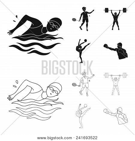 Swimming, Badminton, Weightlifting, Artistic Gymnastics. Olympic Sport Set Collection Icons In Black