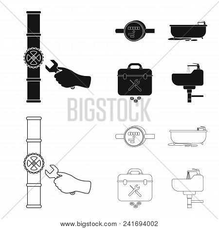 Water Meter, Bath And Other Equipment.plumbing Set Collection Icons In Black, Outline Style Vector S