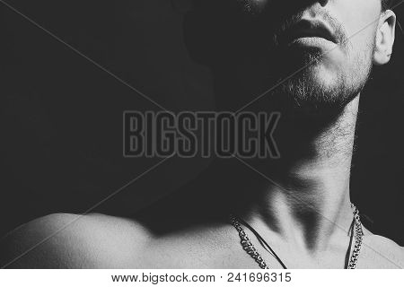 Portrait Of Handsome Wellbuilt Young Naked White Brunette With Mustache Beard And Silver Chain On Ne