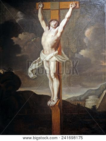 ZAGREB, CROATIA - APRIL 07: Crucifixion, French school, follower of Charles le Brun, oil on canvas, 17 century, the Passion in Art from Mimara Museum in Zagreb, Croatia, on April 07, 2017.
