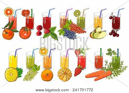 Set Whith Juice. Template For Design Of Bar, Restaurant, Cafe. Poster, Banner. Objects Isolated On W