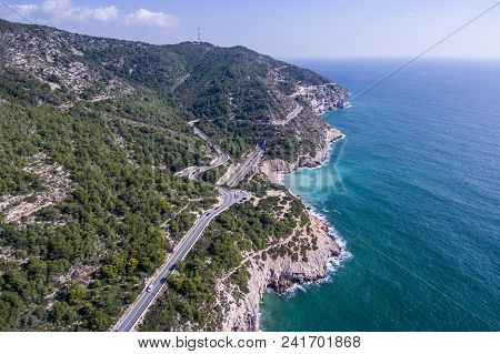 Road Along The Shores Of Garraf. Aerial View. Photographed With A Drone