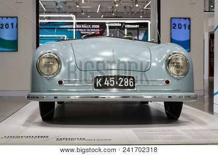 Berlin, Germany - April 15 2018: Porsche 356 Nr. 1 Roadster Replica Standing At Volkswagen Group For