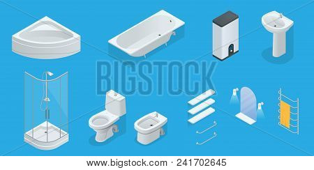 Vector Isometric Set Of Bathroom Furniture. Jacuzzi, Bath, Boiler, Washbasin, Shower, Shower, Toilet