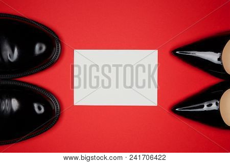 Overhead View Of Business Cards On Red Desk. Business Empty Mock-up Background For Message Texting.h