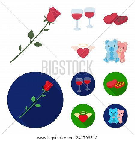 Glasses With Wine, Chocolate Hearts, Bears, Valentine.romantik Set Collection Icons In Cartoon, Flat