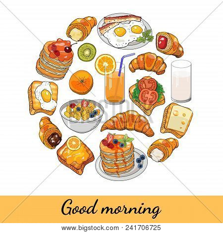 Classical Hotel Breakfast Menu Poster With Fried Eggs Bacon And Orange Juice Realistic Pictograms Co
