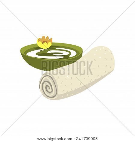Fluffy Terry Towel, Green Ceramic Bowl With Water And Yellow Flower. Items For Spa Or Relaxing Bath 