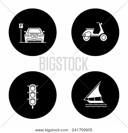 Public Transport Glyph Icons Set. Modes Of Transport. Parking Zone, Scooter, Traffic Light, Sailing 