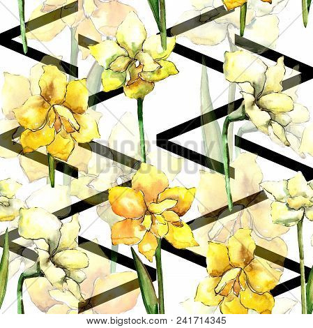 Yellow Amaryllis. Seamless Background Pattern. Fabric Wallpaper Print Texture. Aquarelle Wildflower 