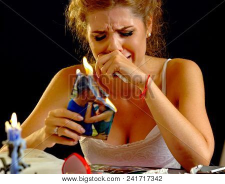 Broken heart woman. Couple break up. Sad bride on unhappy wedding. Woman and groom quarrel. Attachment under guise of love. Portrait crying female.