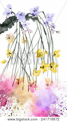 Watercolor And Ink Illustration Of Blossom Sakura Tree Branch With Rainbow Color Watersplashes. Orie