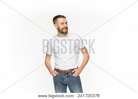Closeup Of Young Man's Body In Empty White T-shirt Isolated On White Background. Mock Up For Disign 