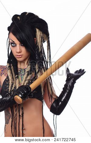 Sexy Emo Girl In Black Underwear Holds Baseball Bat. Isolated Over White Background.