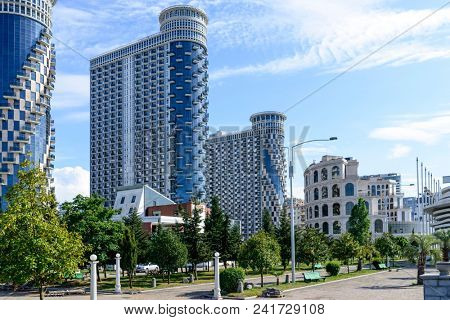 BATUMI, GEORGIA - MAY 10: Luxury hotels on the boulevard of the Black Sea on May 10, 2017 in Batumi, Adjara in Georgia