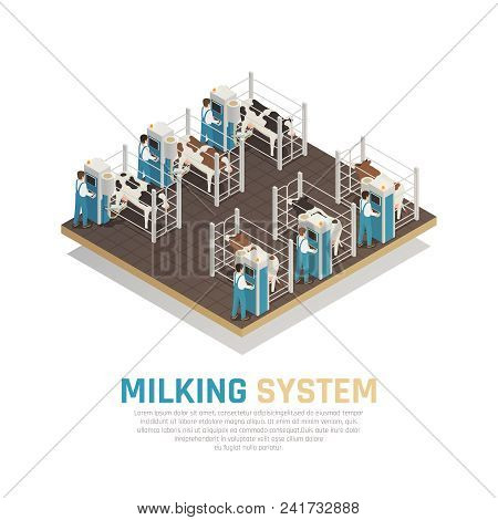 Dairy Production Milk Factory Isometric Composition With Editable Text And View Of Semi-automatic Mi