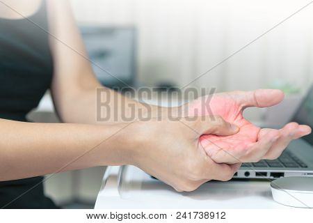 Woman Hand Pain Long Use Mouse Working. Office Syndrome Healthcare And Medicine Concept