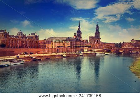 Dresden skyline reflecion in Elbe river in Saxony of Germany