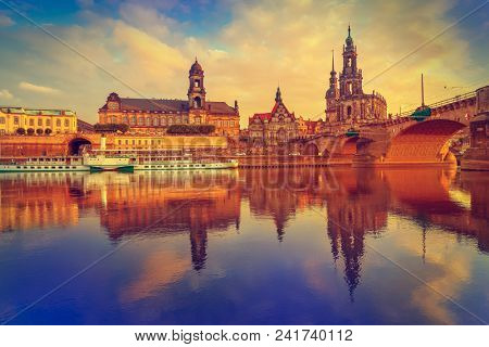 Dresden skyline reflecion in Elbe river at sunset in Saxony of Germany
