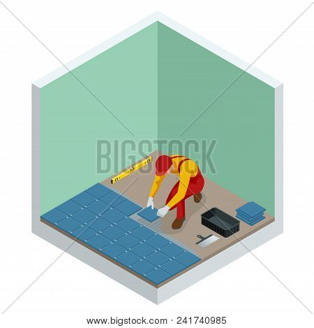 Laying Tiles At Home. Worker Installing Small Ceramic Tiles On Bathroom Floor And Applying Mortar Wi