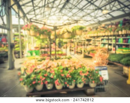 Blurred Plant Nursery, Tool And Equipment At Garden Center In Usa