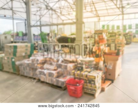Blurred Plant Nursery, Tool And Equipment At Garden Center In Usa