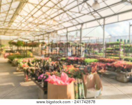 Blurred Plant Nursery, Tool And Equipment At Garden Center In Usa
