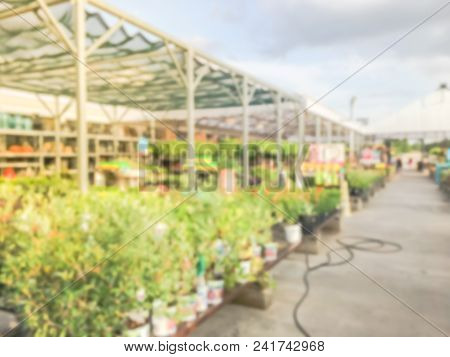 Blurred Plant Nursery, Tool And Equipment At Garden Center In Usa