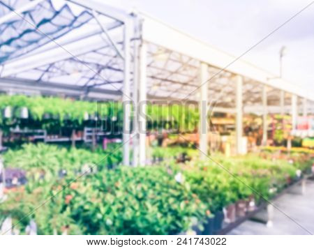 Blurred Plant Nursery, Tool And Equipment At Garden Center In Usa