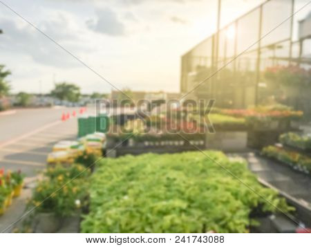 Blurred Plant Nursery, Tool And Equipment At Garden Center In Usa