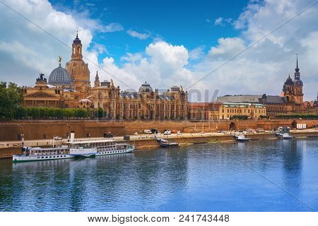 Dresden skyline reflecion in Elbe river in Saxony of Germany